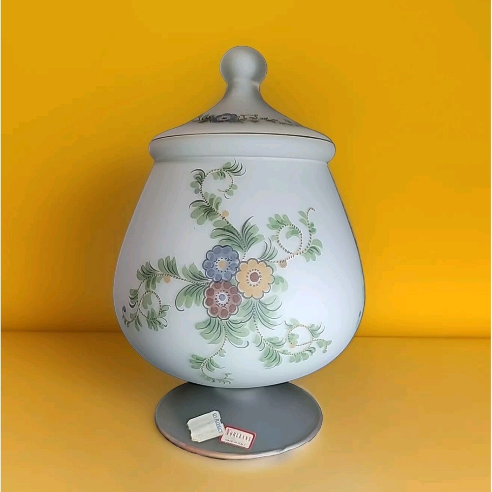 Vtg Apothecary Jar W Lid Flowers Italian Satin Glass Norleans 9" Gift ITALY